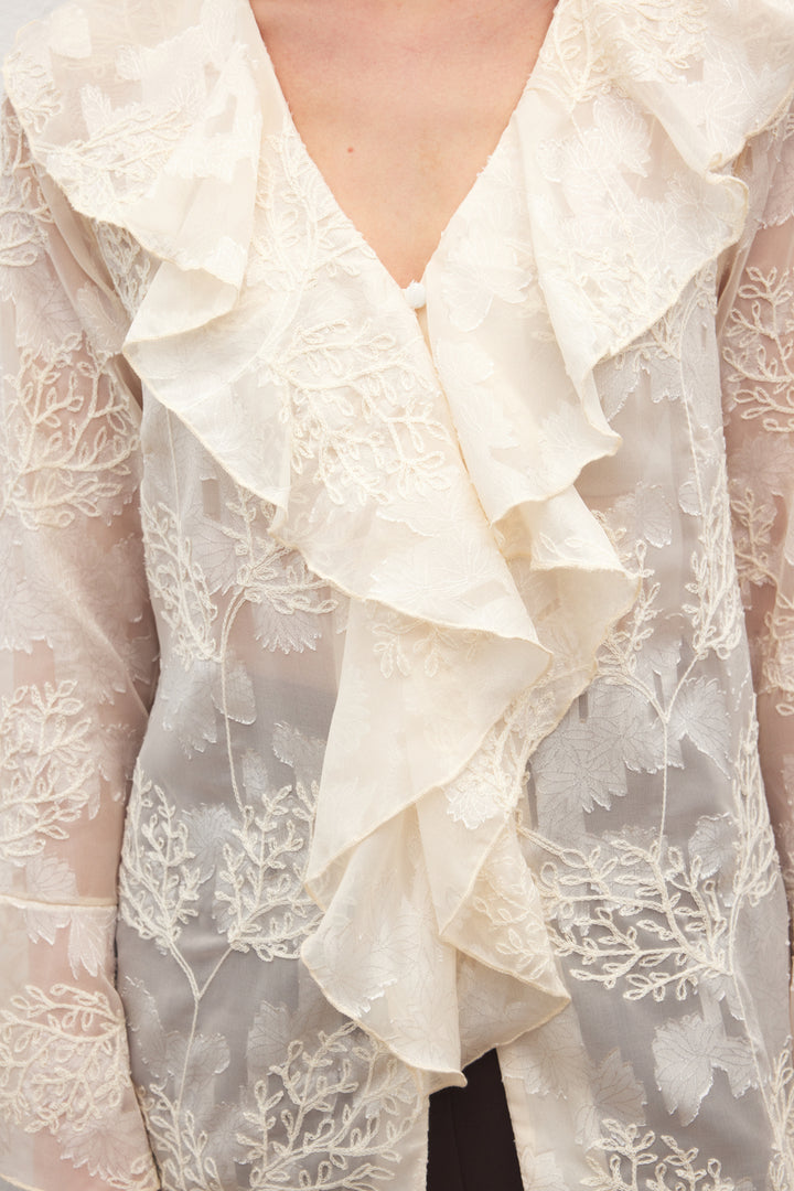 Sateen Chemisier Brodé avec Volants - Beige