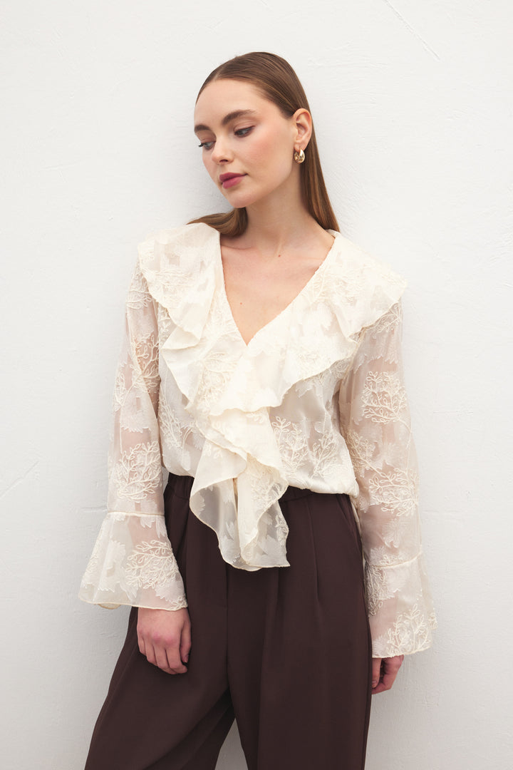Sateen Chemisier Brodé avec Volants - Beige