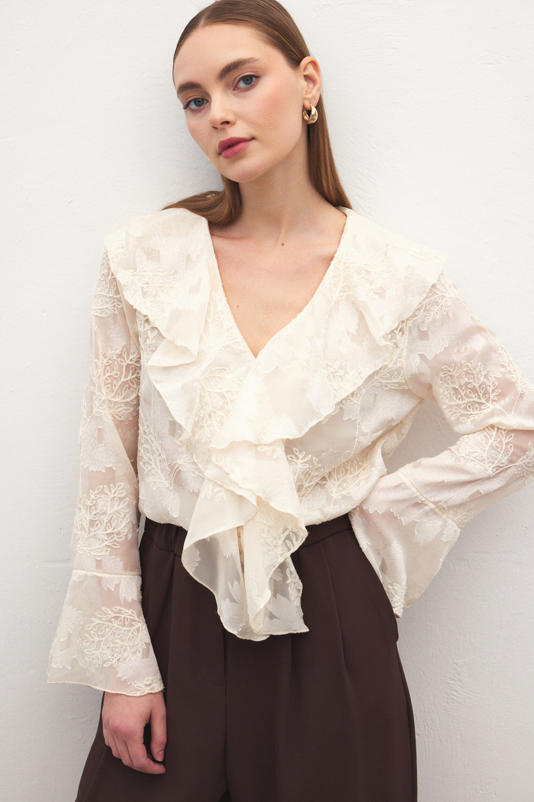 Sateen Chemisier Brodé avec Volants - Beige