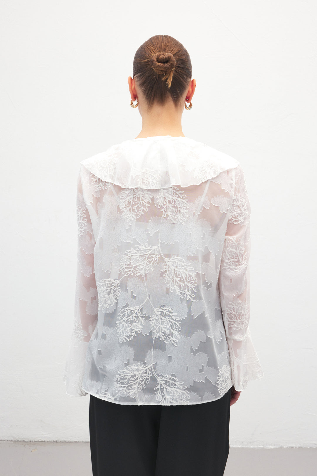 Sateen Chemisier Brodé avec Volants - Écru