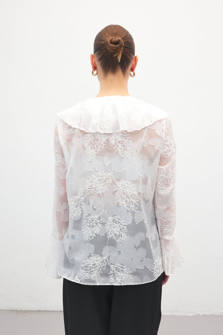 Sateen Chemisier Brodé avec Volants - Écru
