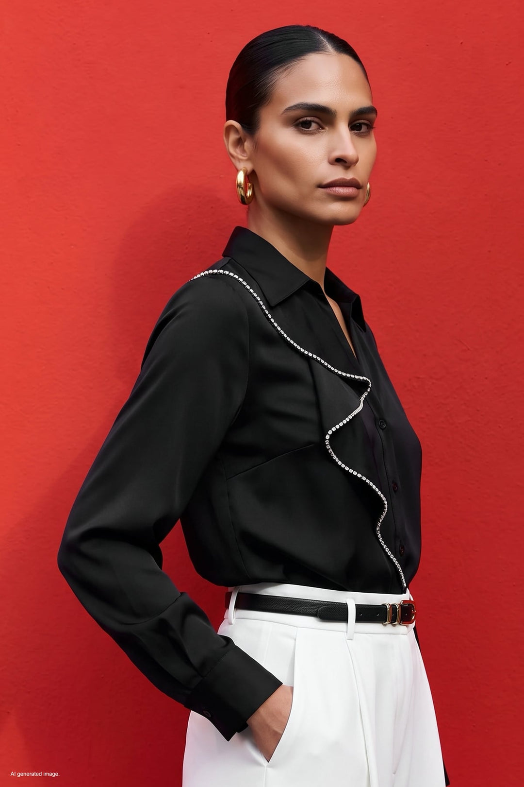 Sateen Chemise avec Détails Volants et Accessoires - Noir