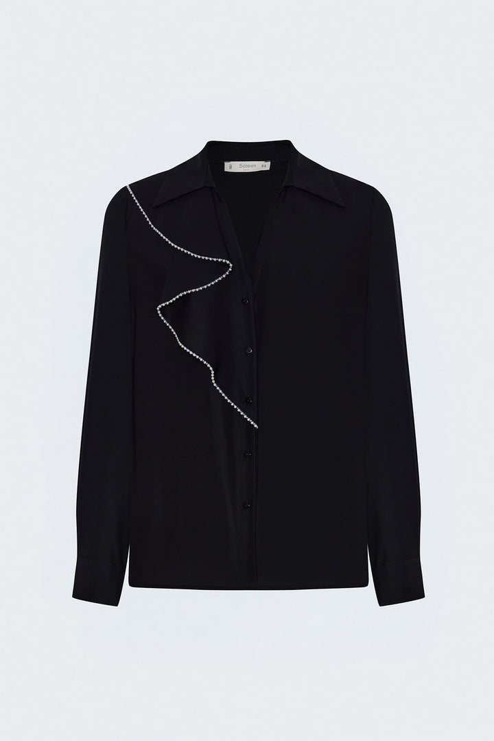 Sateen Chemise avec Détails Volants et Accessoires - Noir
