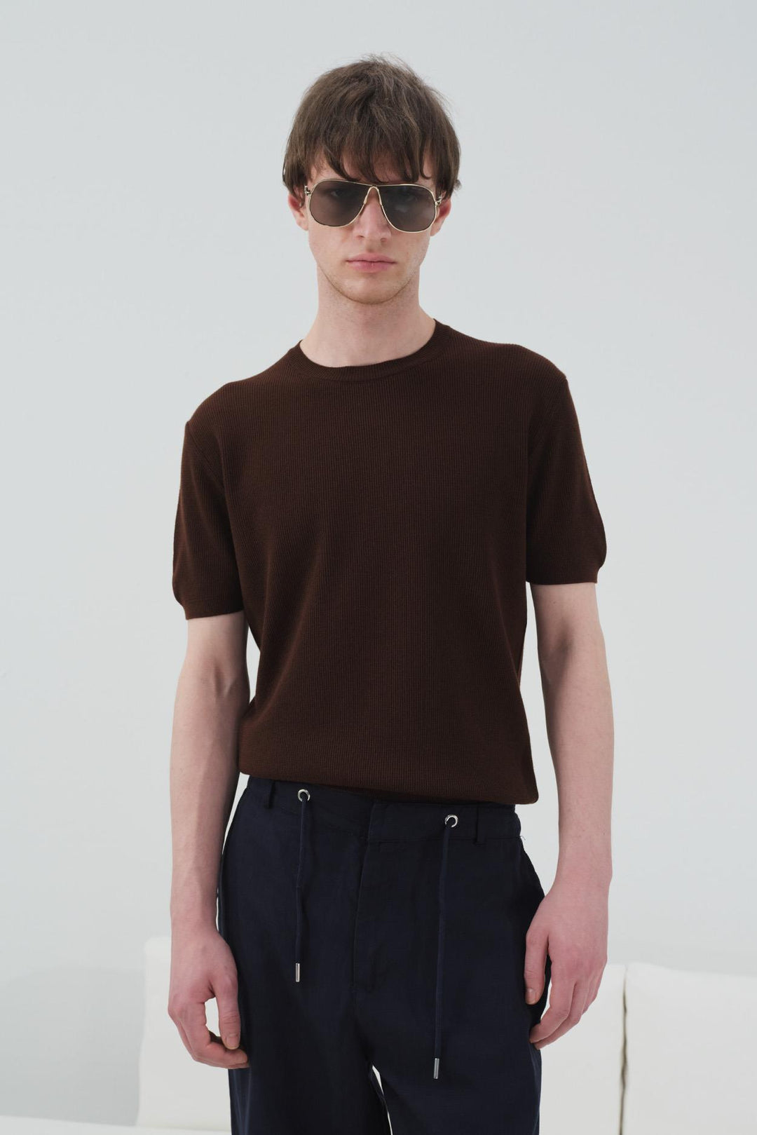 Giesto T-shirt en tricot marron à texture côtelée - Marron