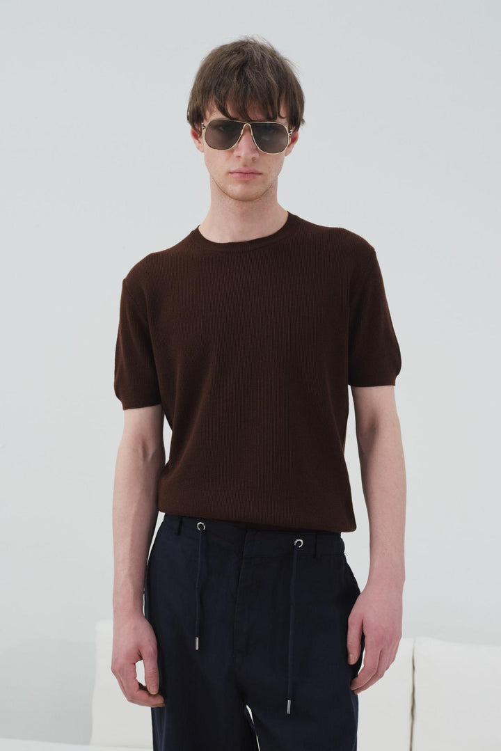Giesto T-shirt en tricot marron à texture côtelée - Marron