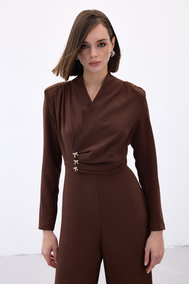 Sateen Combinaison Crêpe avec Accessoire Nœud - Marron