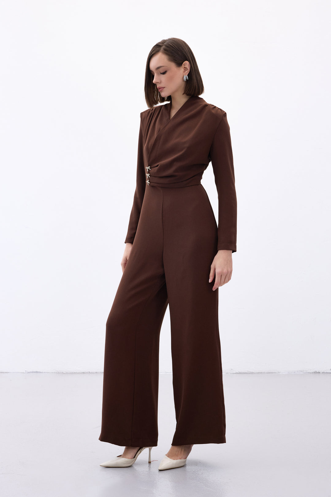 Sateen Combinaison Crêpe avec Accessoire Nœud - Marron