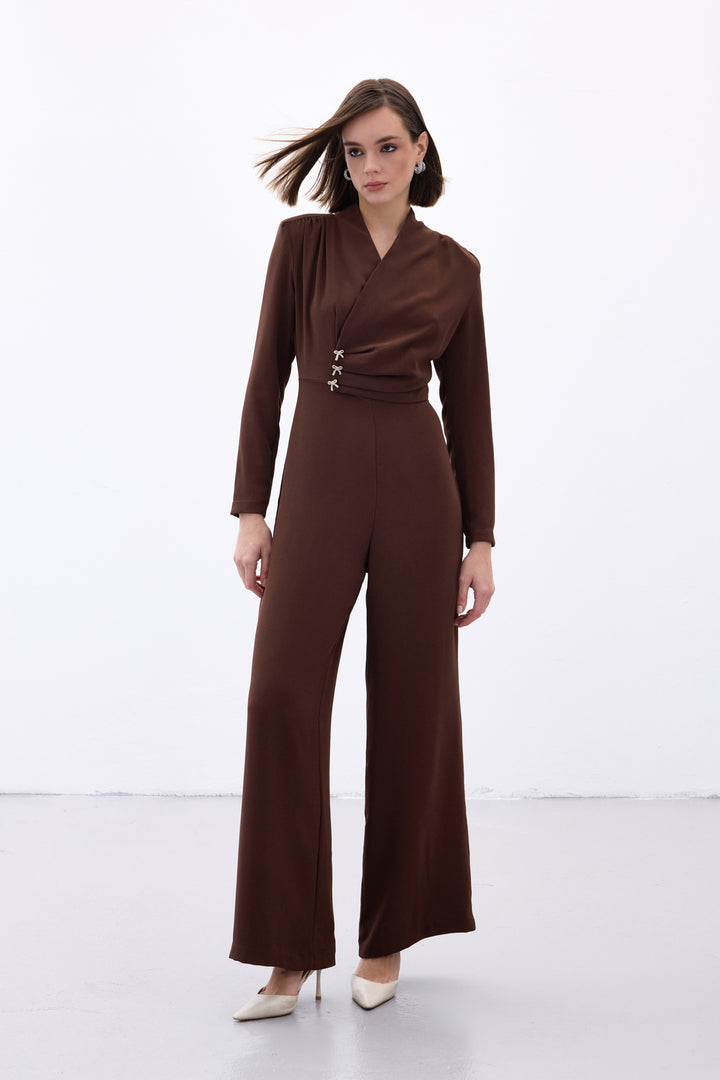 Sateen Combinaison Crêpe avec Accessoire Nœud - Marron