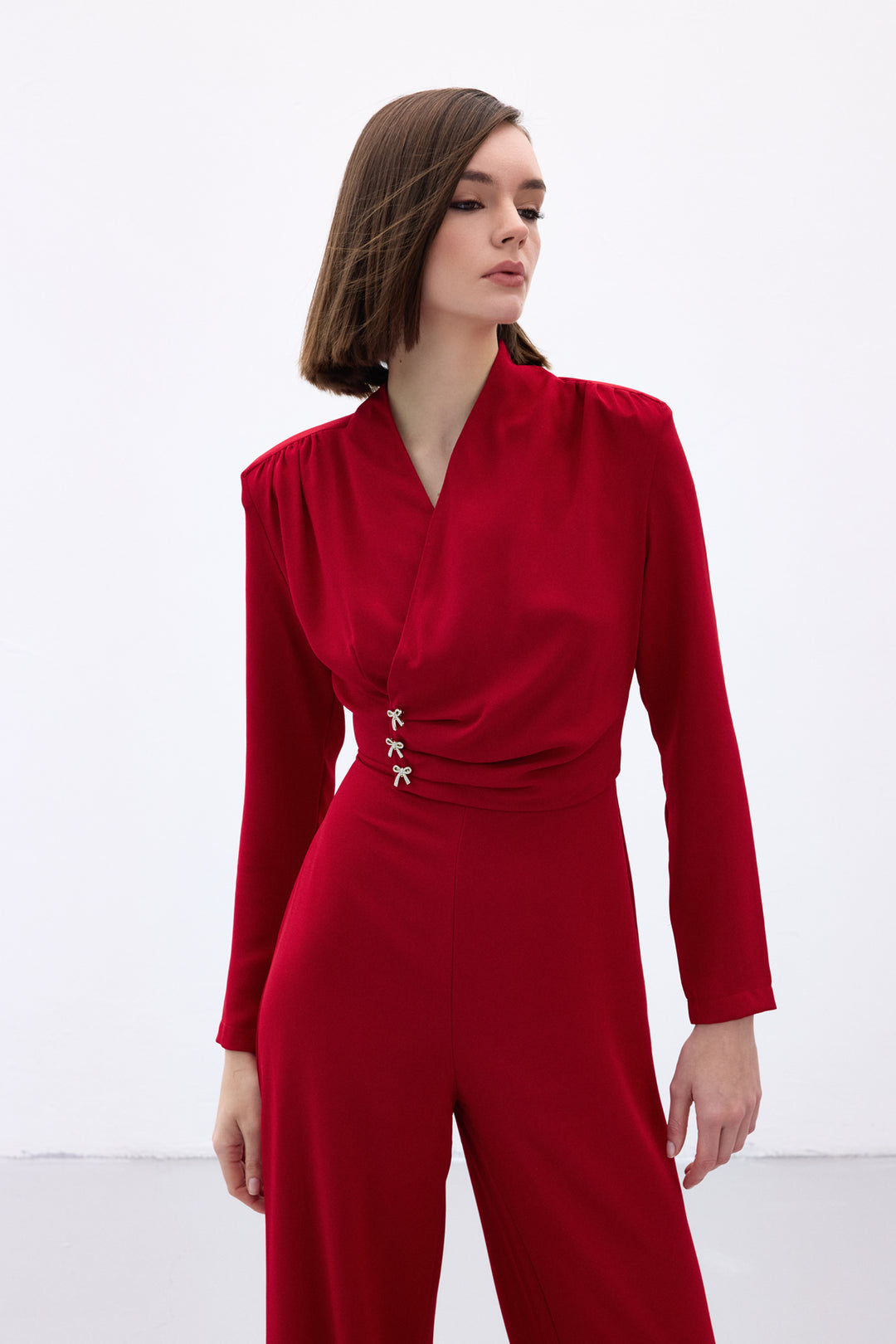 Sateen Combinaison Crêpe avec Accessoire Nœud - Rouge