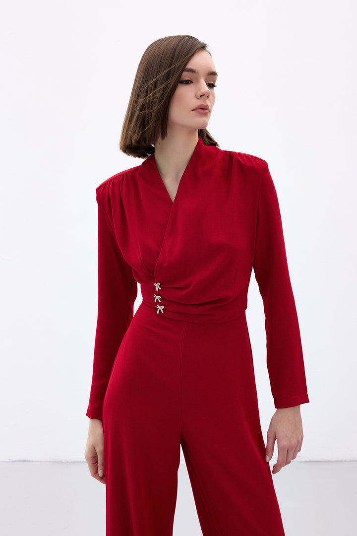 Sateen Combinaison Crêpe avec Accessoire Nœud - Rouge