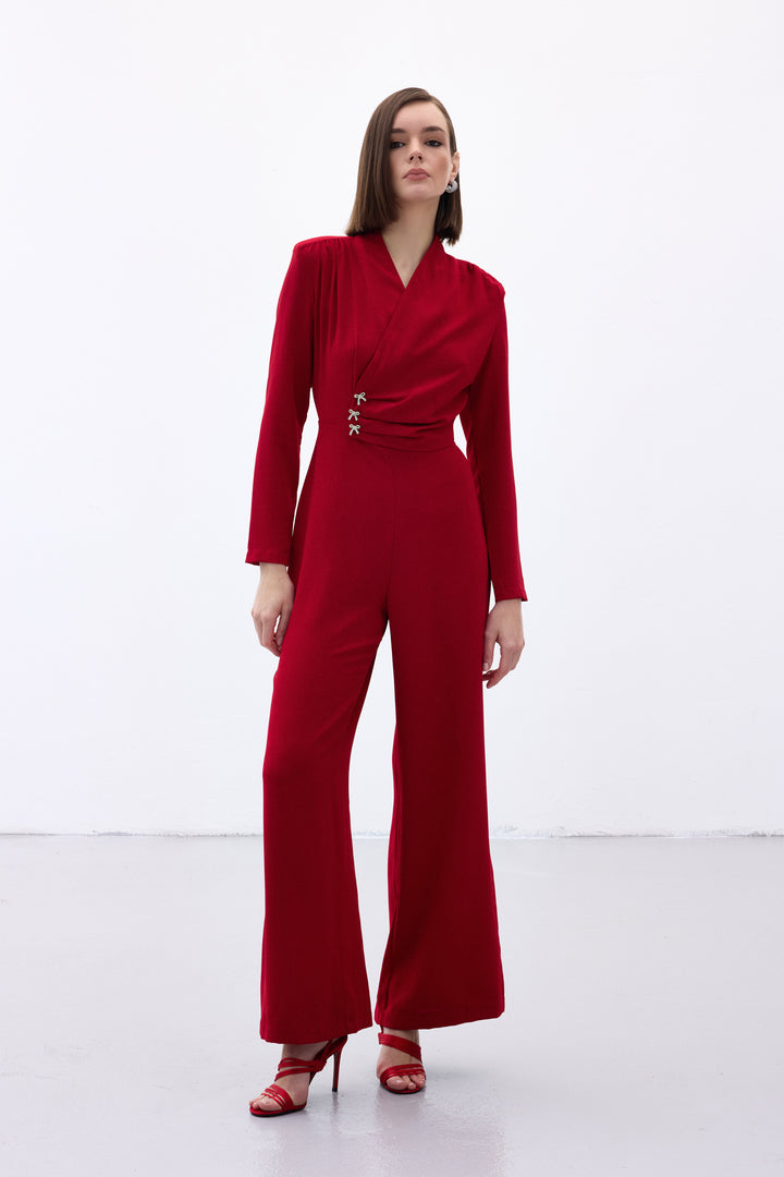Sateen Combinaison Crêpe avec Accessoire Nœud - Rouge