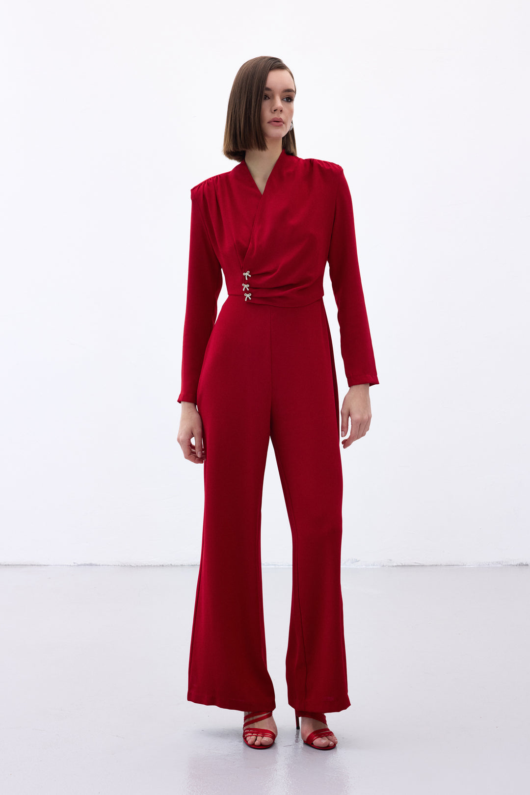 Sateen Combinaison Crêpe avec Accessoire Nœud - Rouge