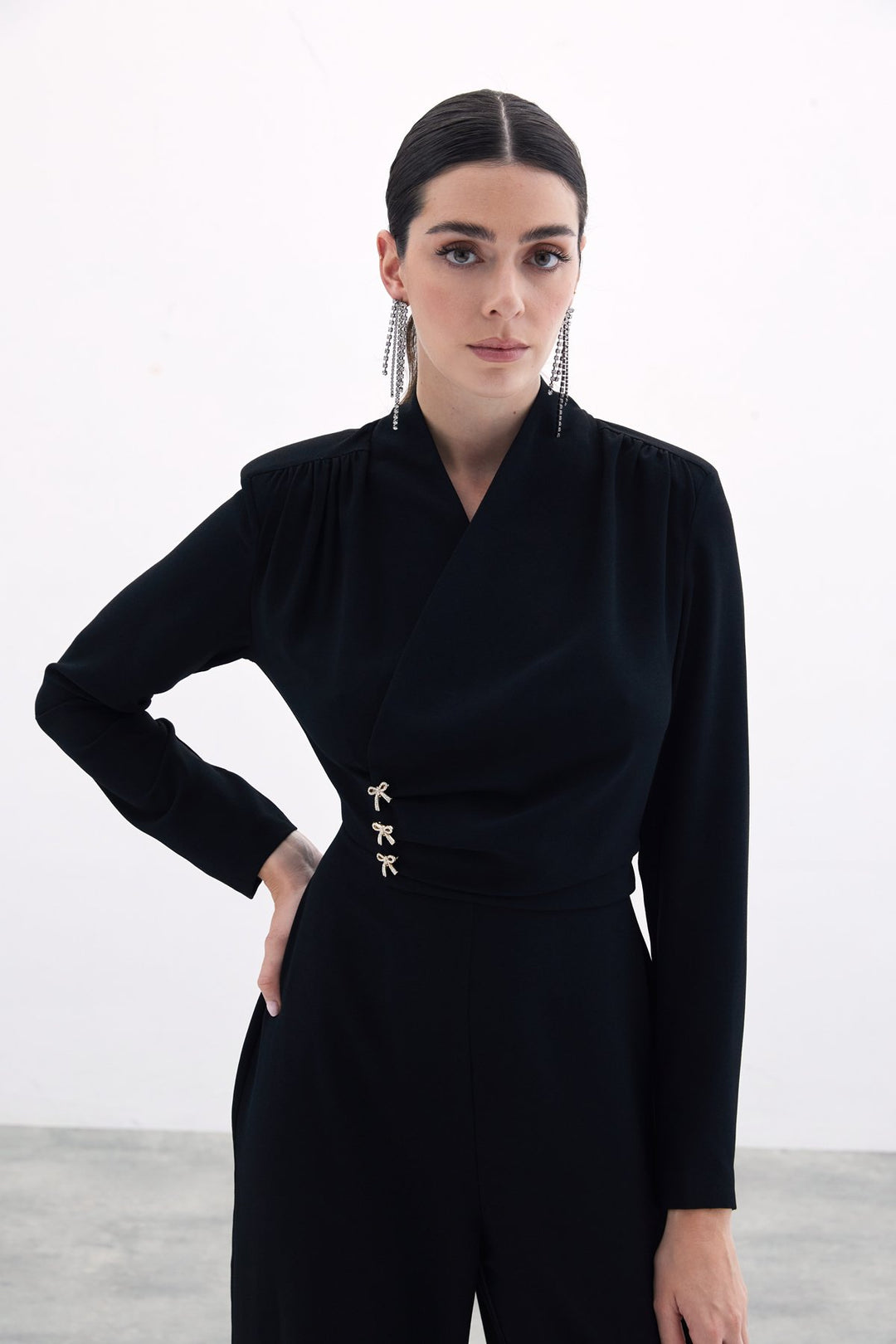 Sateen Combinaison en Crêpe avec Nœud - Noir