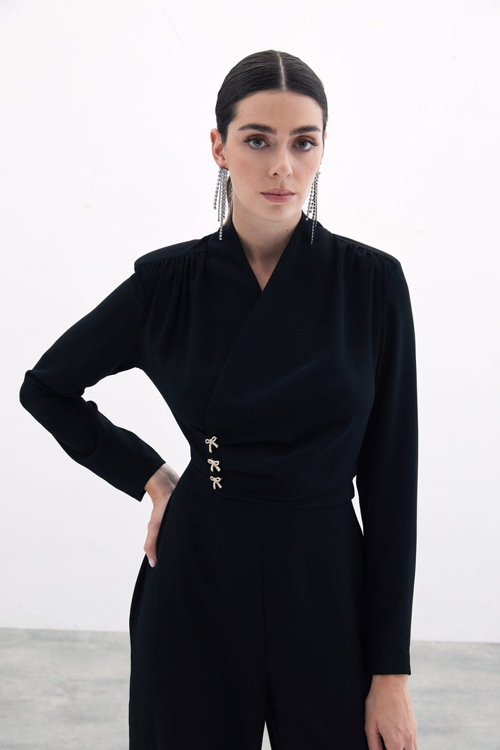 Sateen Combinaison en Crêpe avec Nœud - Noir