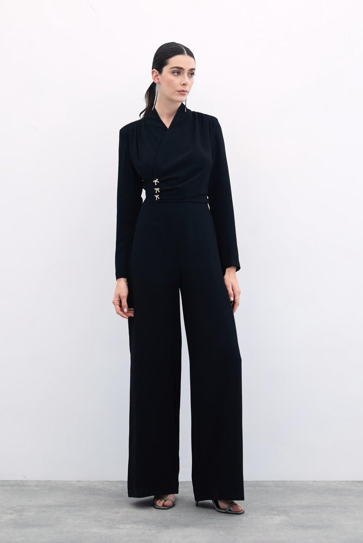 Sateen Combinaison en Crêpe avec Nœud - Noir