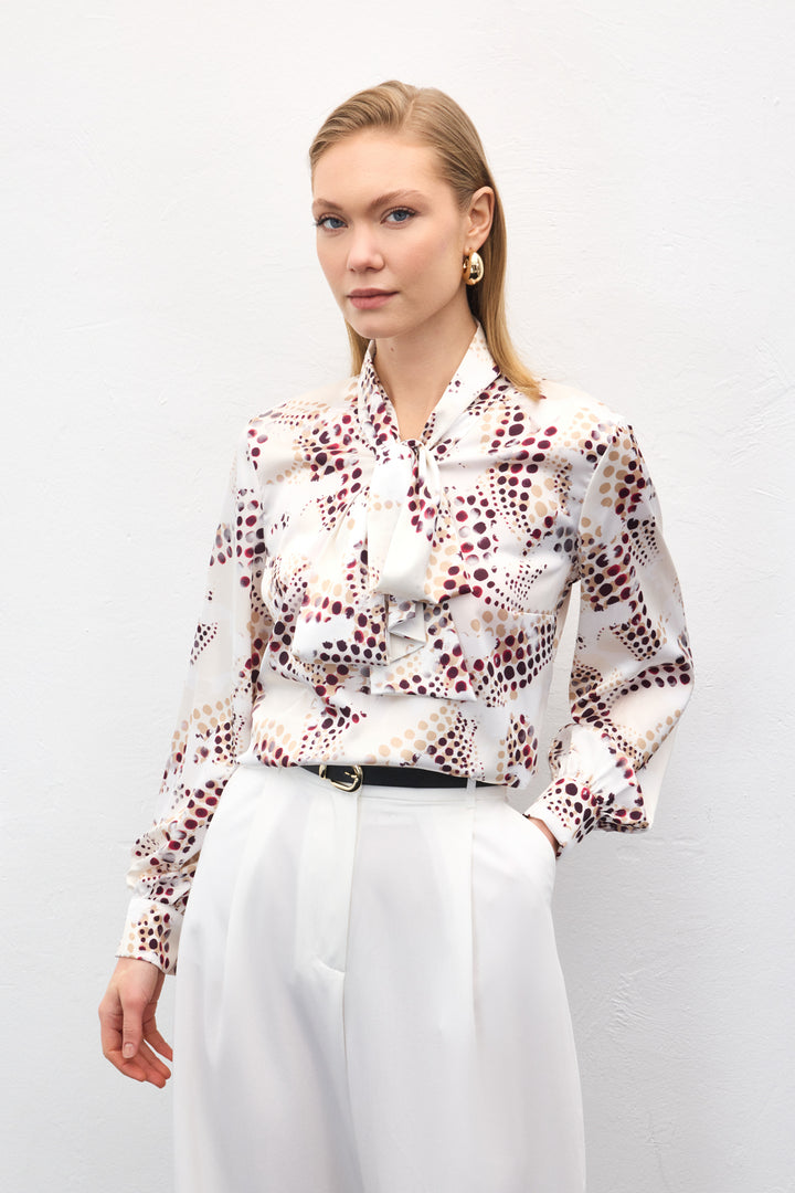 Sateen Blouse Imprimée à Détail Foulard - Écru