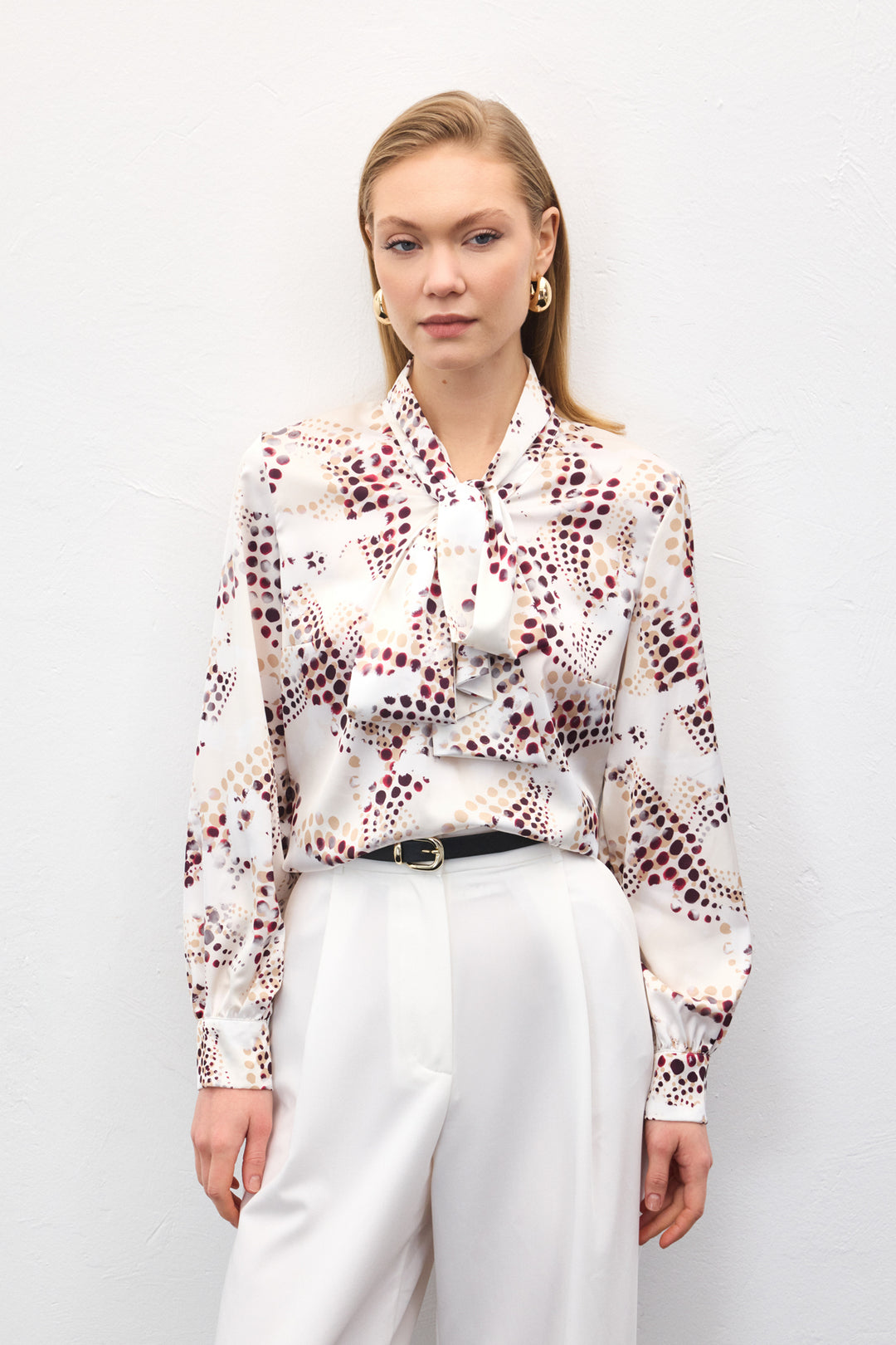 Sateen Blouse Imprimée à Détail Foulard - Écru