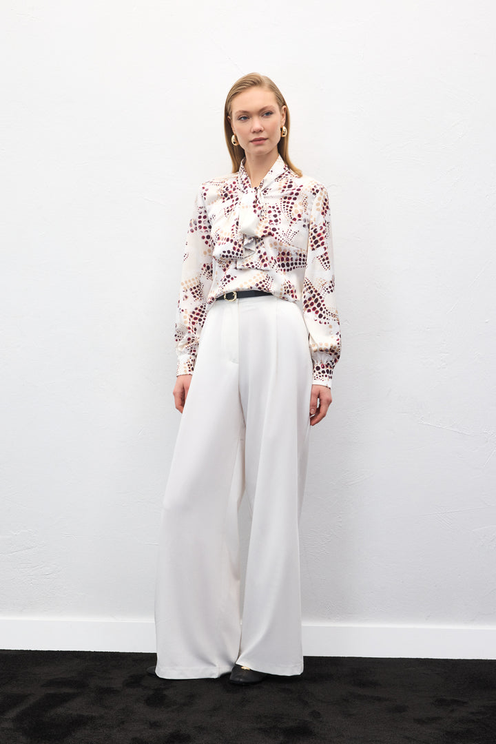 Sateen Blouse Imprimée à Détail Foulard - Écru