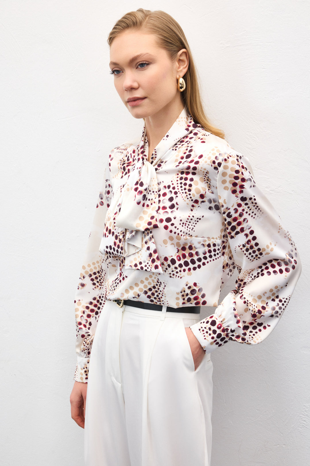 Sateen Blouse Imprimée à Détail Foulard - Écru