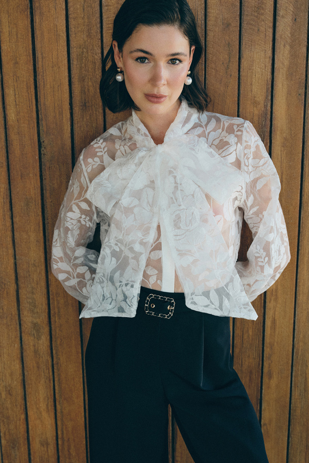 Sateen Chemise à motifs floraux avec foulard - Écru