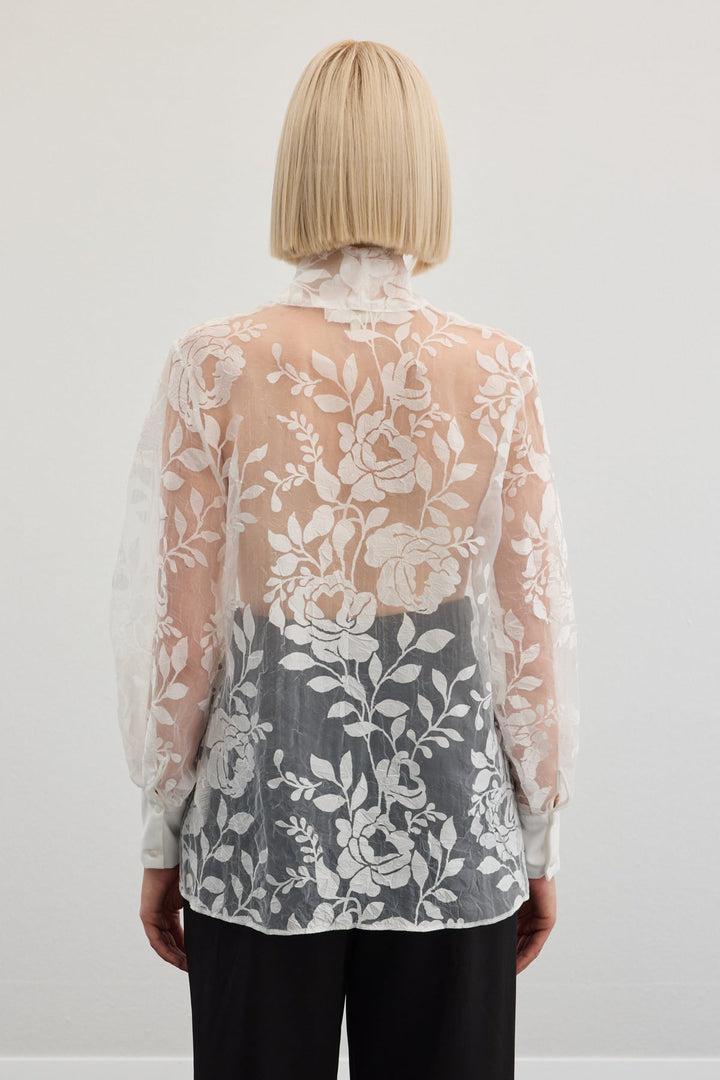 Sateen Chemise à motifs floraux avec foulard - Écru