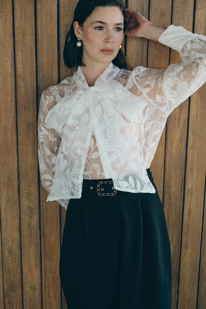 Sateen Chemise à motifs floraux avec foulard - Écru