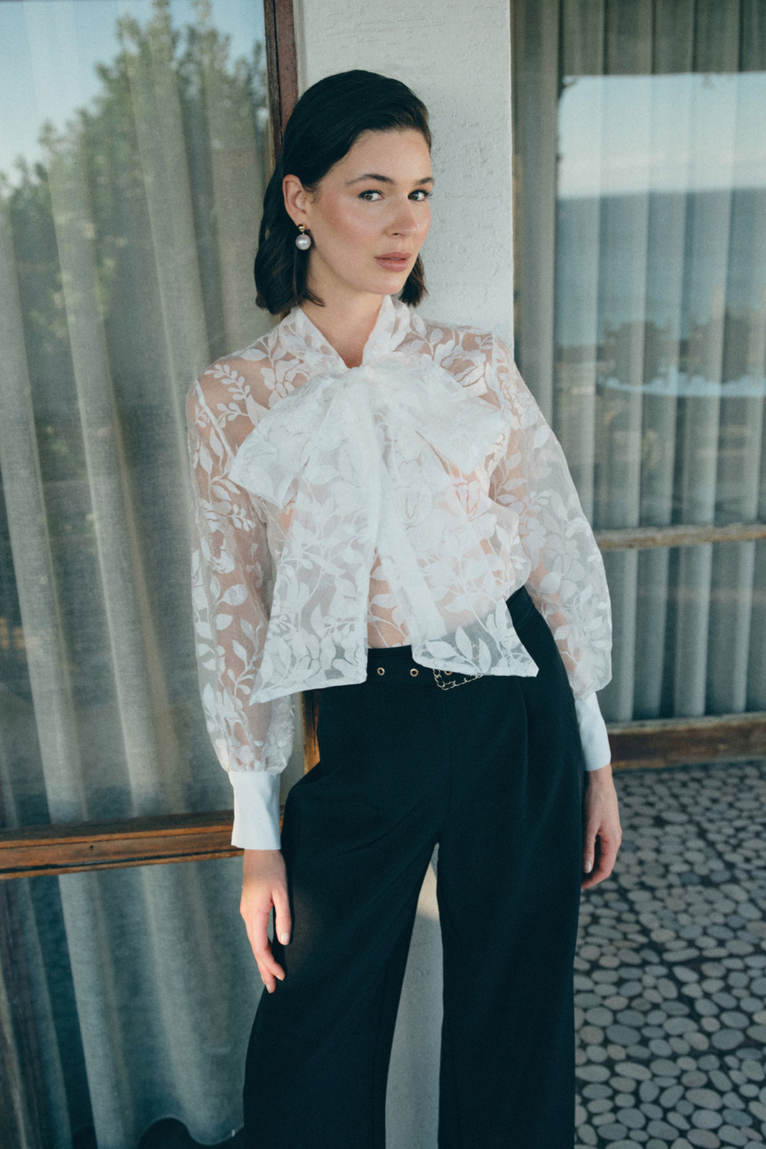 Sateen Chemise à motifs floraux avec foulard - Écru