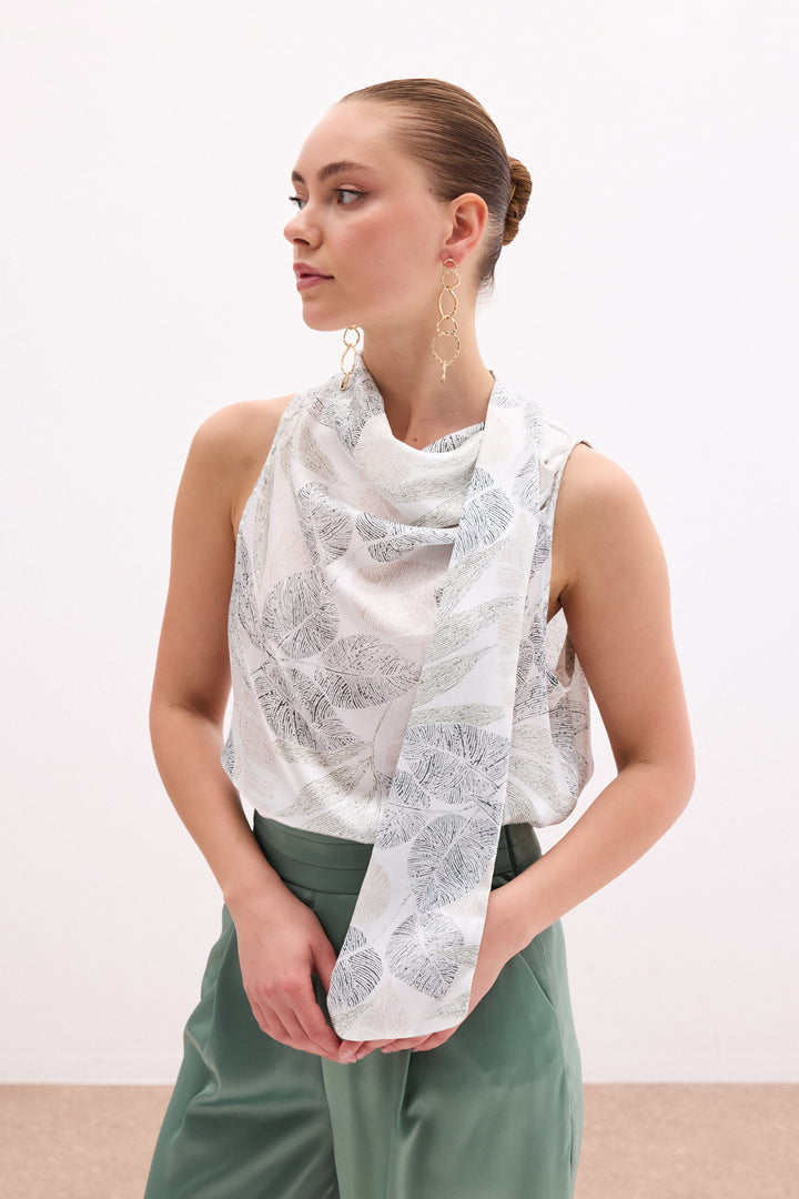 Sateen Blouse à motif avec foulard - Kaki