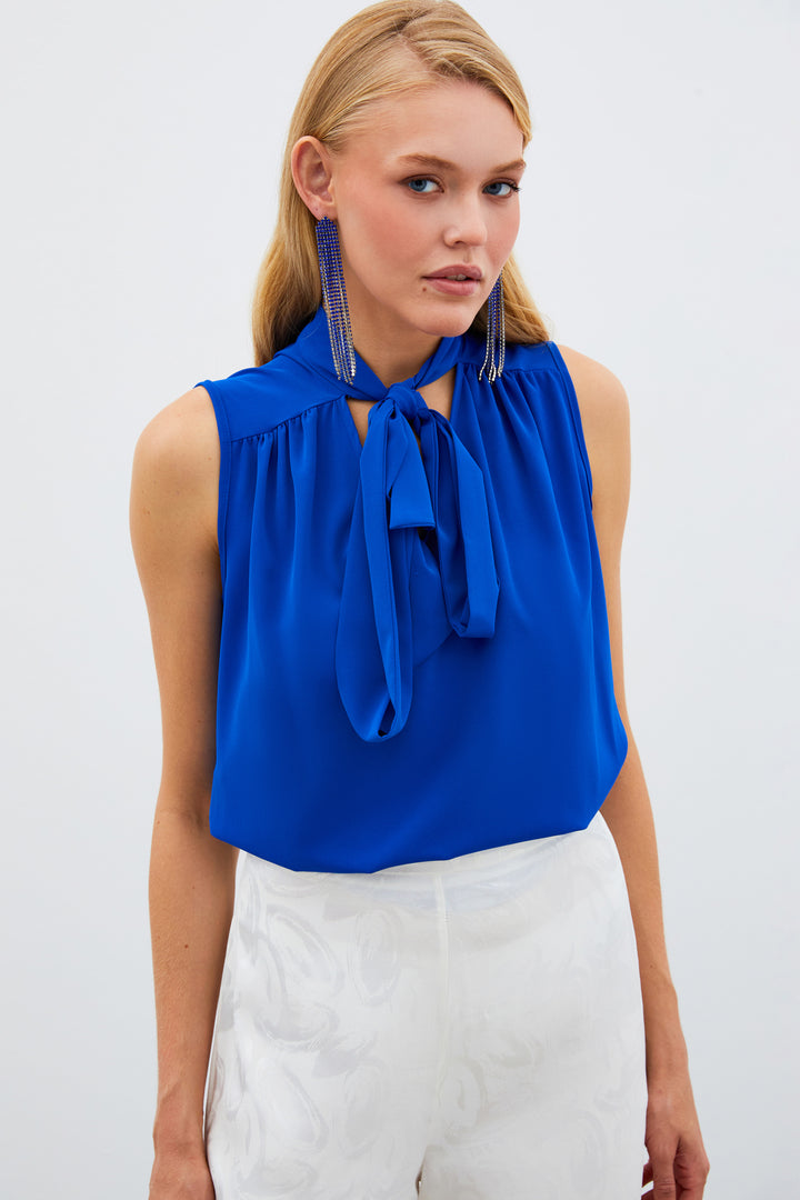 Sateen Blouse sans manches avec foulard - sax Bleu