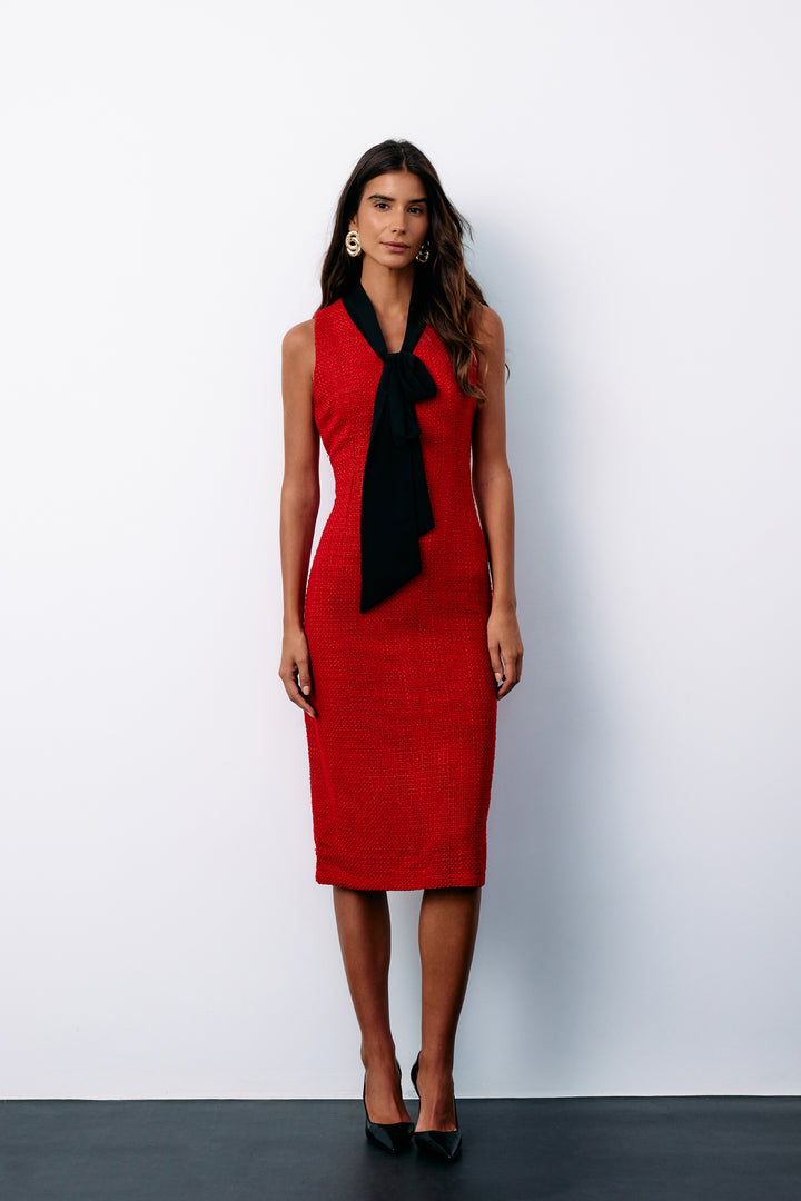 Sateen Robe sans manches en tweed avec foulard - Rouge