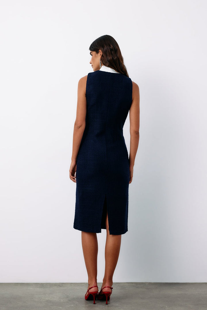 Sateen Robe sans manches en tweed avec foulard - Bleu marine