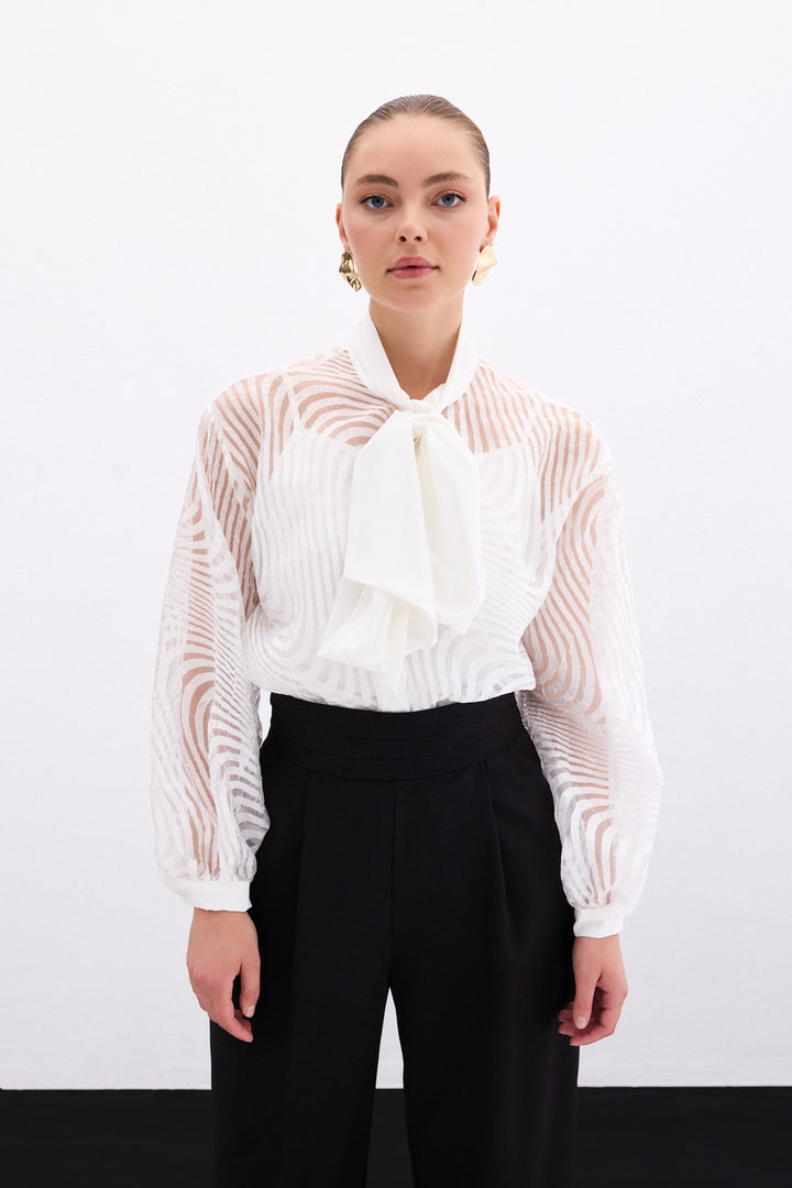 Sateen Chemise à Motifs Zebra avec Foulard - Écru