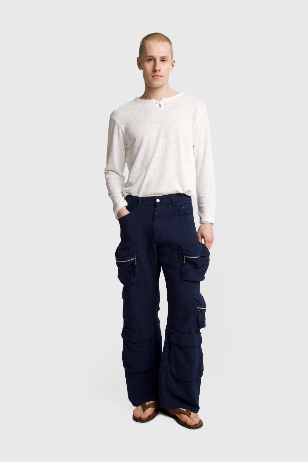 Giesto Pantalon cargo en gabardine de lin - Bleu marine