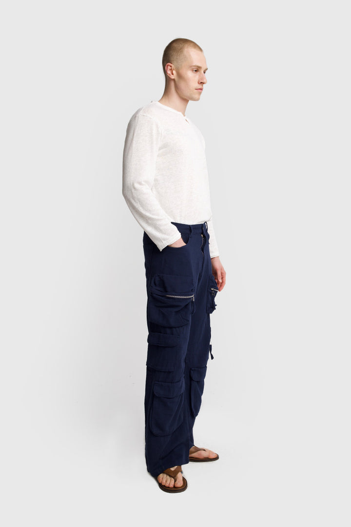 Giesto Pantalon cargo en gabardine de lin - Bleu marine