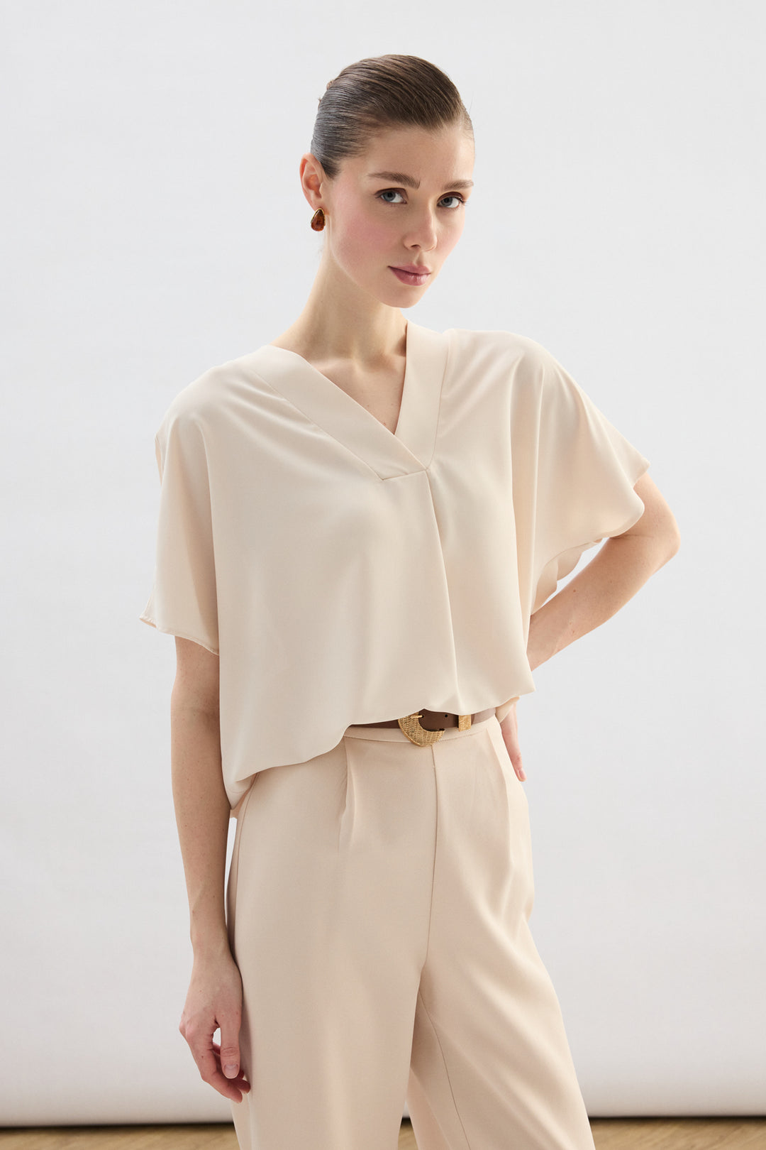 Sateen Blouse à Manches Courtes Large - Beige
