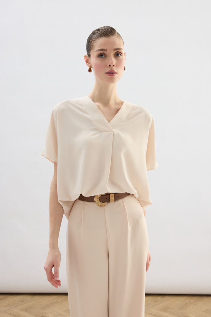 Sateen Blouse à Manches Courtes Large - Beige