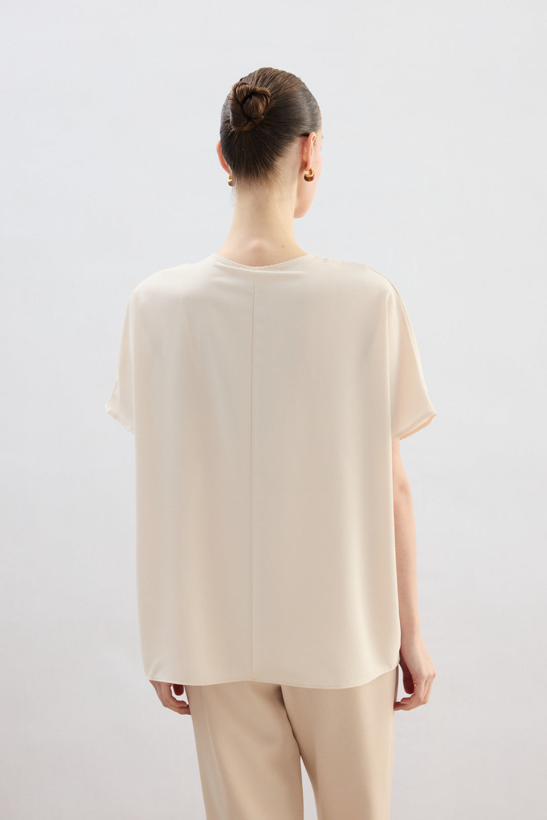 Sateen Blouse à Manches Courtes Large - Beige