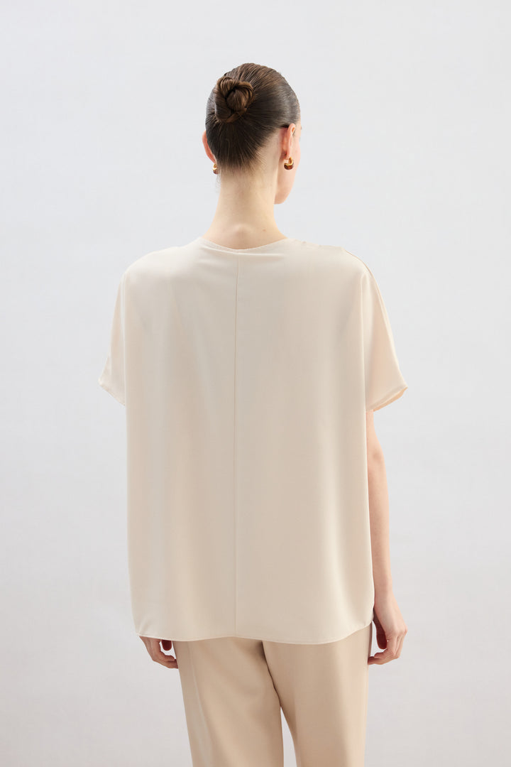 Sateen Blouse à Manches Courtes Large - Beige