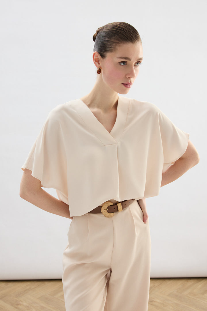 Sateen Blouse à Manches Courtes Large - Beige