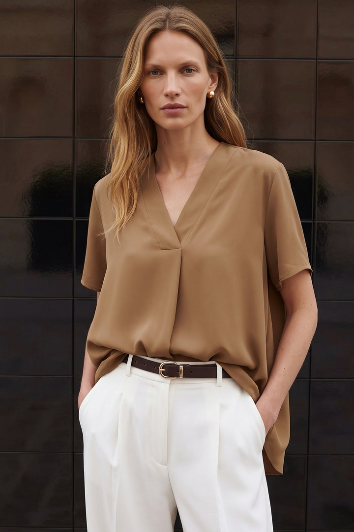 Sateen Blouse Large Manches Courtes - camel