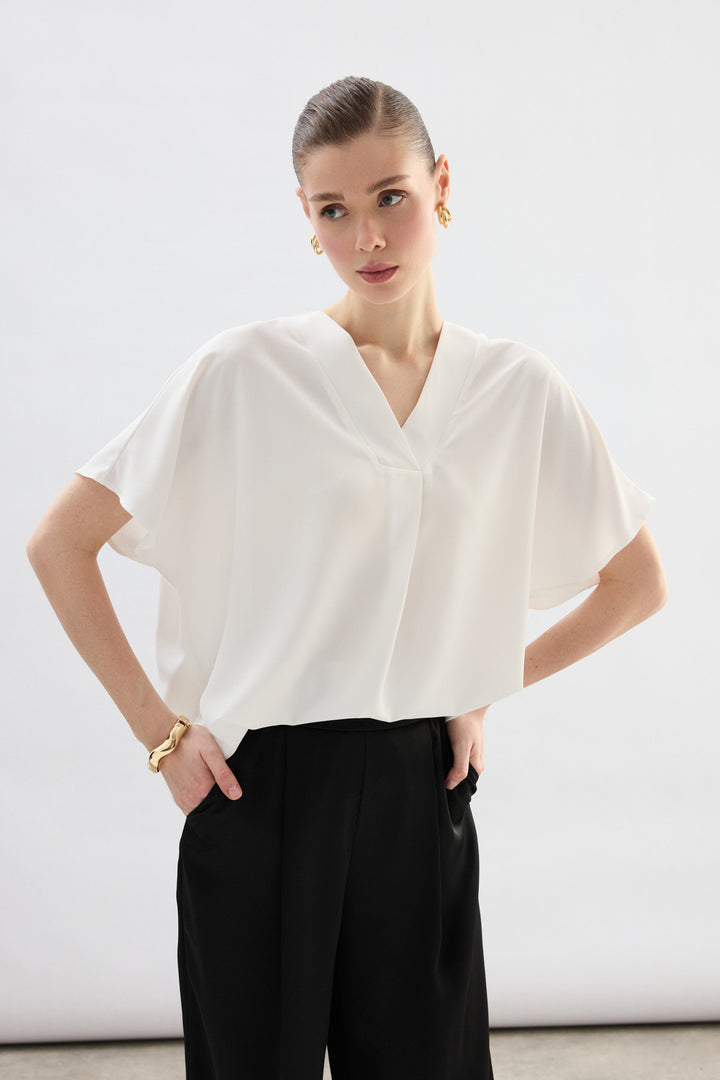 Sateen Blouse à Manches Courtes Large - Écru