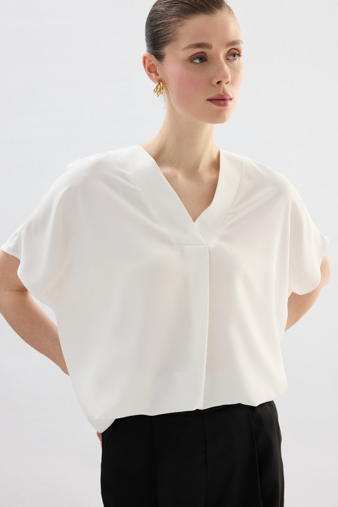 Sateen Blouse à Manches Courtes Large - Écru