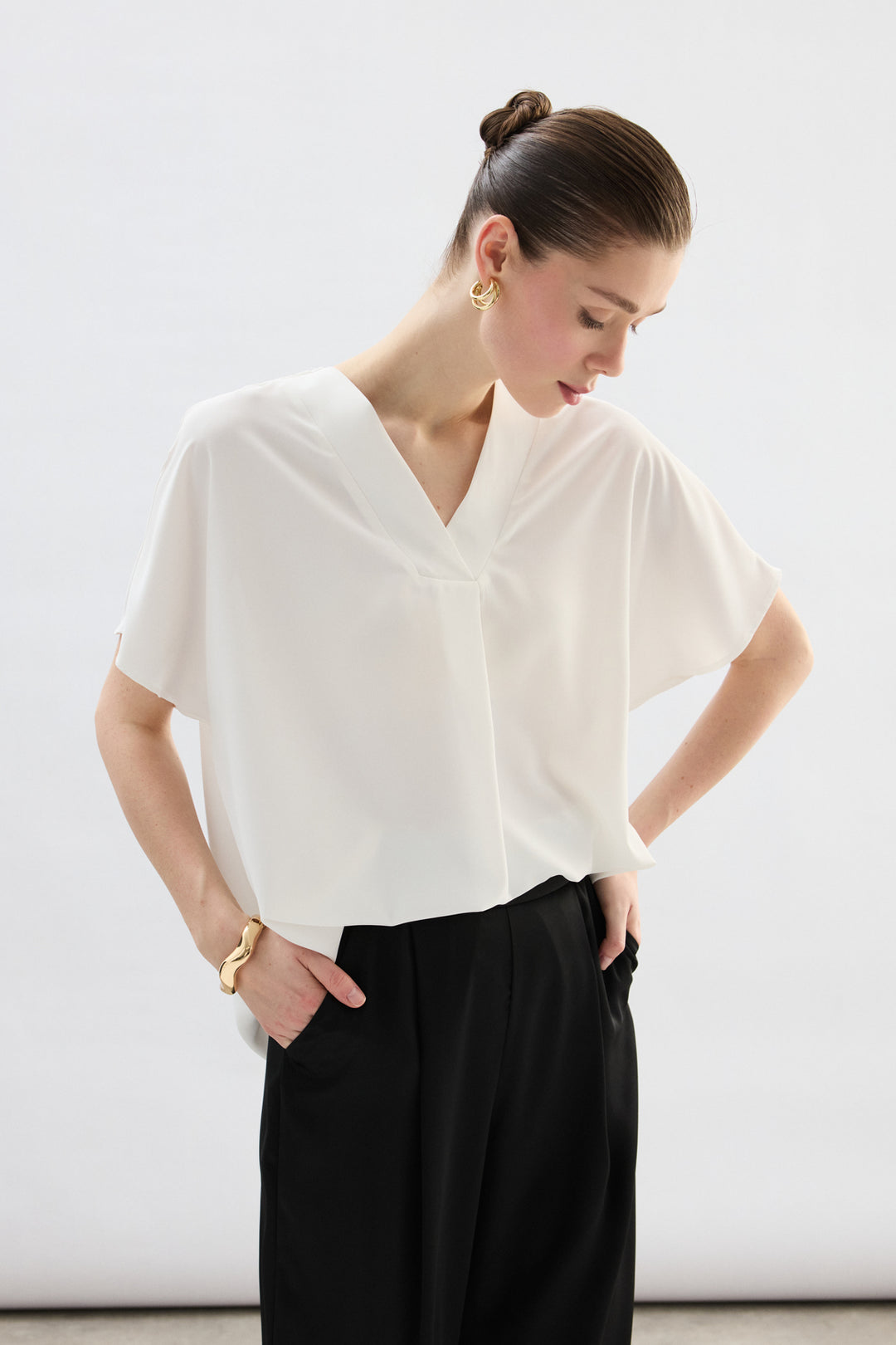 Sateen Blouse à Manches Courtes Large - Écru