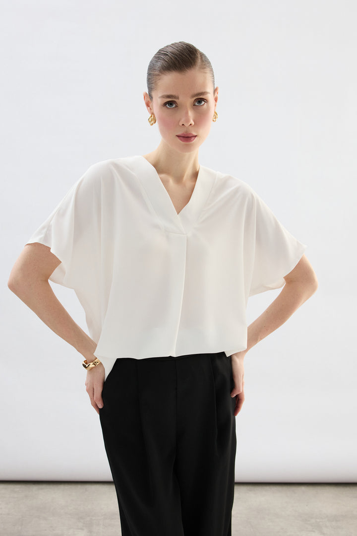 Sateen Blouse à Manches Courtes Large - Écru
