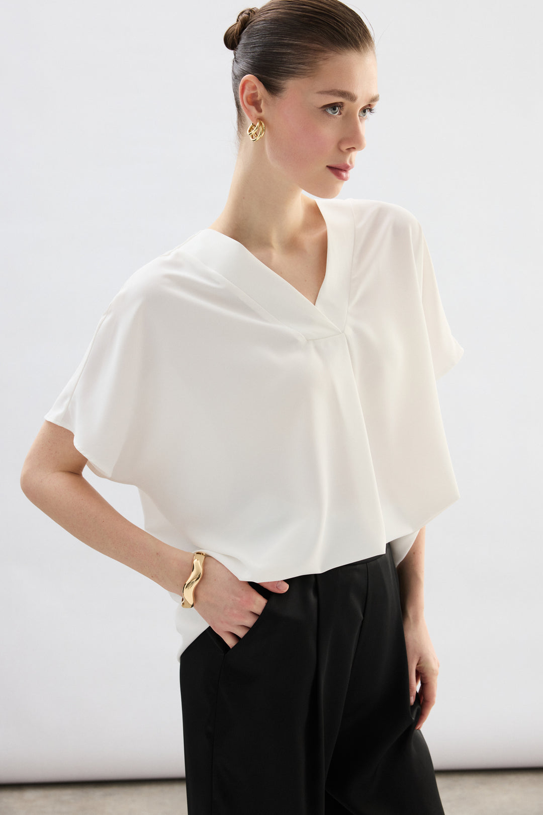 Sateen Blouse à Manches Courtes Large - Écru