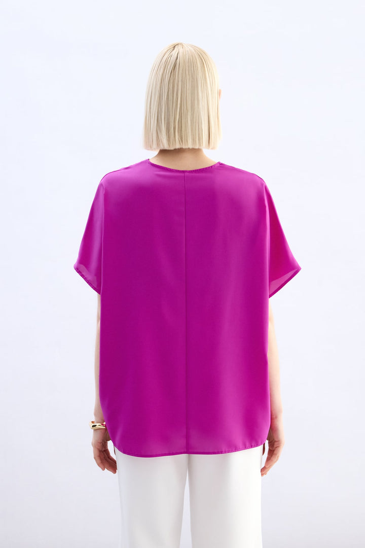 Sateen Blouse à Manches Courtes Large - Fuchsia