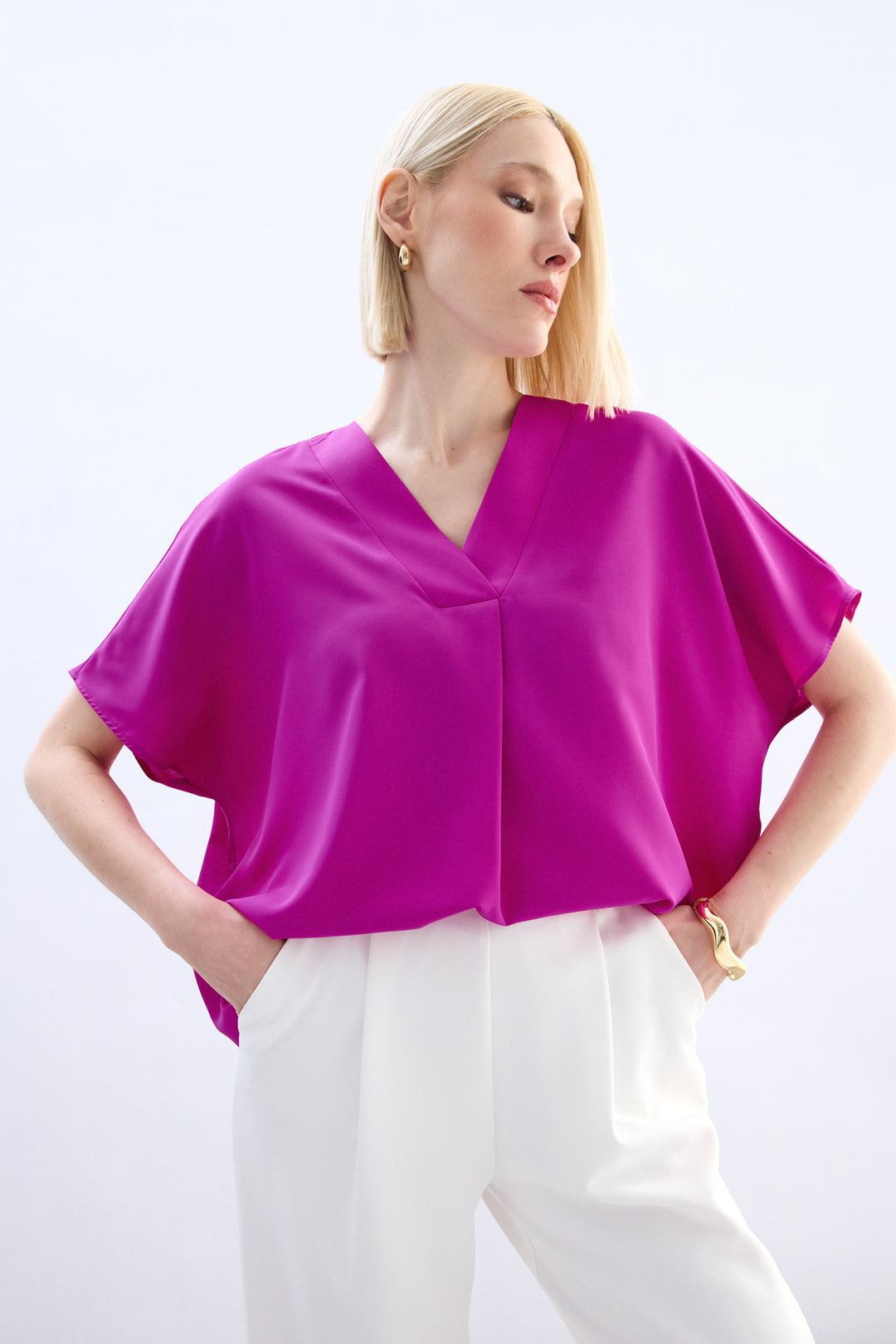 Sateen Blouse à Manches Courtes Large - Fuchsia