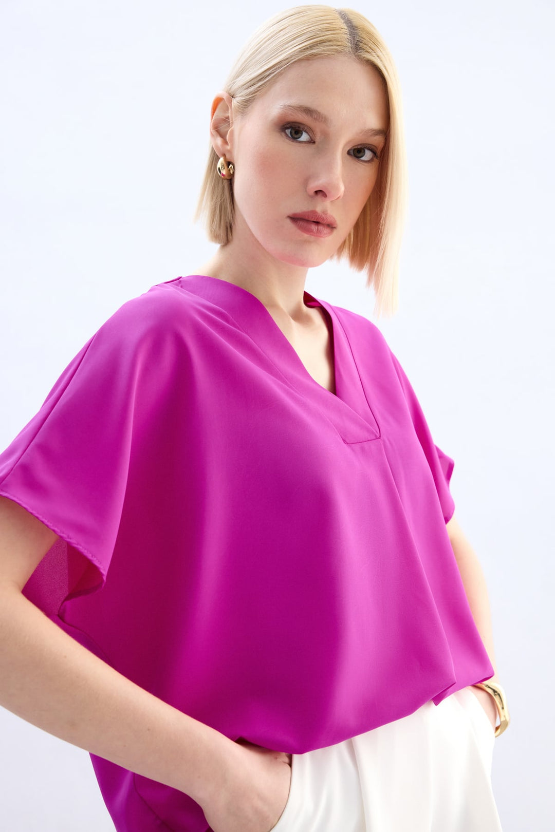 Sateen Blouse à Manches Courtes Large - Fuchsia