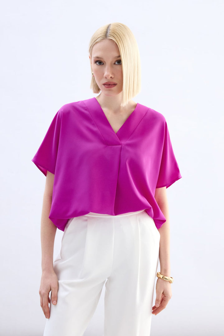 Sateen Blouse à Manches Courtes Large - Fuchsia