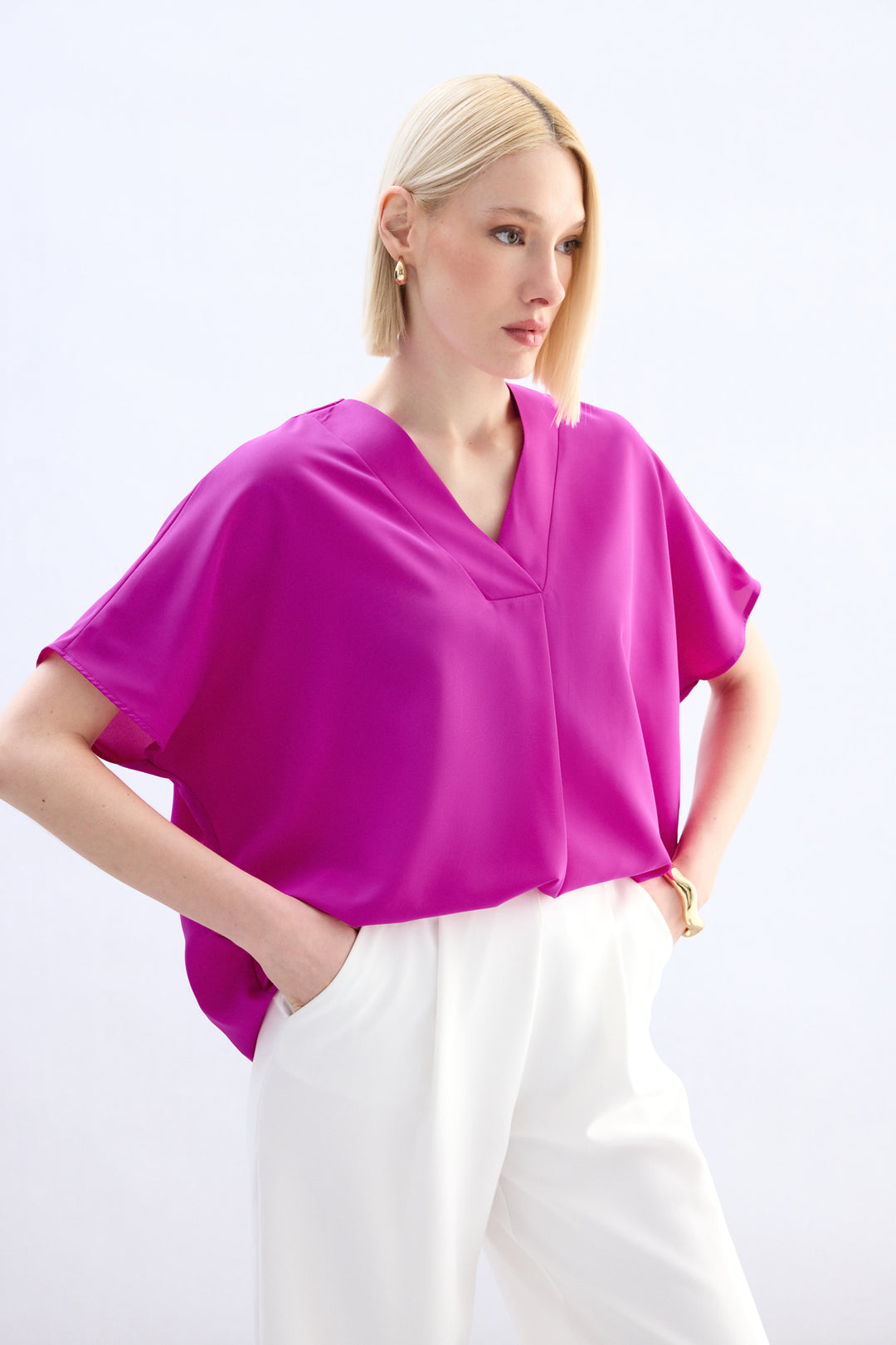 Sateen Blouse à Manches Courtes Large - Fuchsia